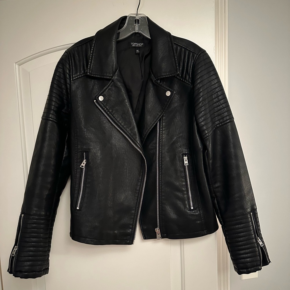 Topshop Black Faux Leather Jacket, silver details, size 10
